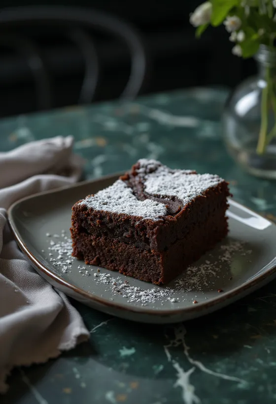 Chocolate slice with golden brown chocolate and icing sugar