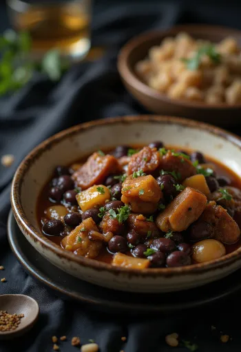 Feijoada with smoked beans, served with rich meats and fresh vegetables