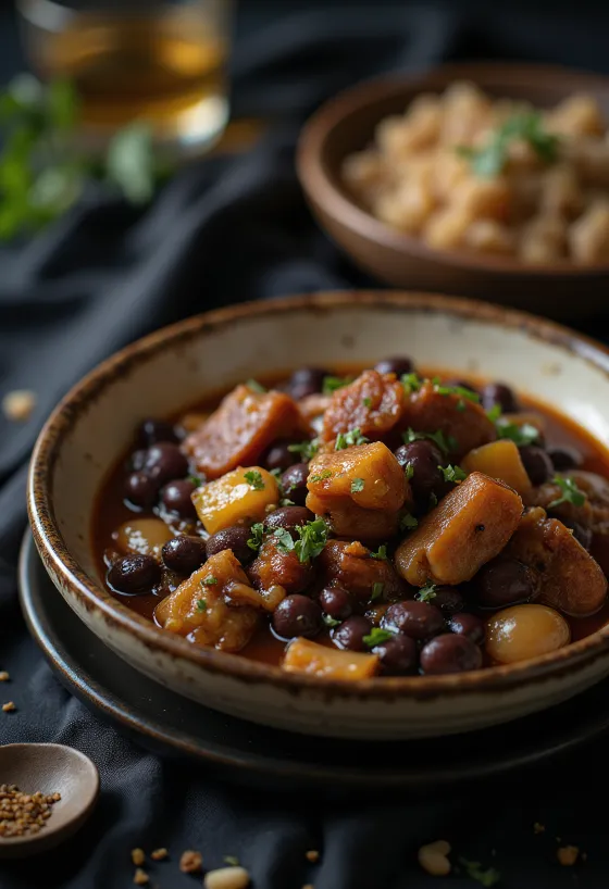 Feijoada with smoked beans, served with rich meats and fresh vegetables