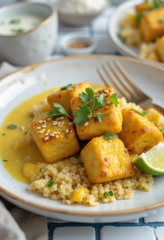 Garlic tofu with quinoa curry