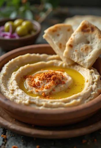 Silky hummus drizzled with olive oil, served with pitta bread