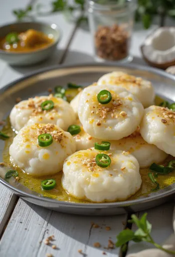 Idli with spiced olive oil served on a plate