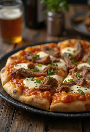 Korean Bulgogi Pizza with beef and gochujang sauce