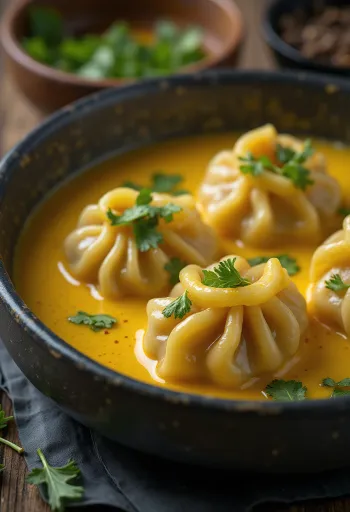 Momo with curry sauce steamed and served