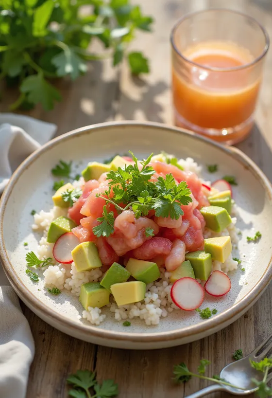 Radish sprout poké with fresh vegetables on a bed of rice, garnished with fresh coriander and lime juice.