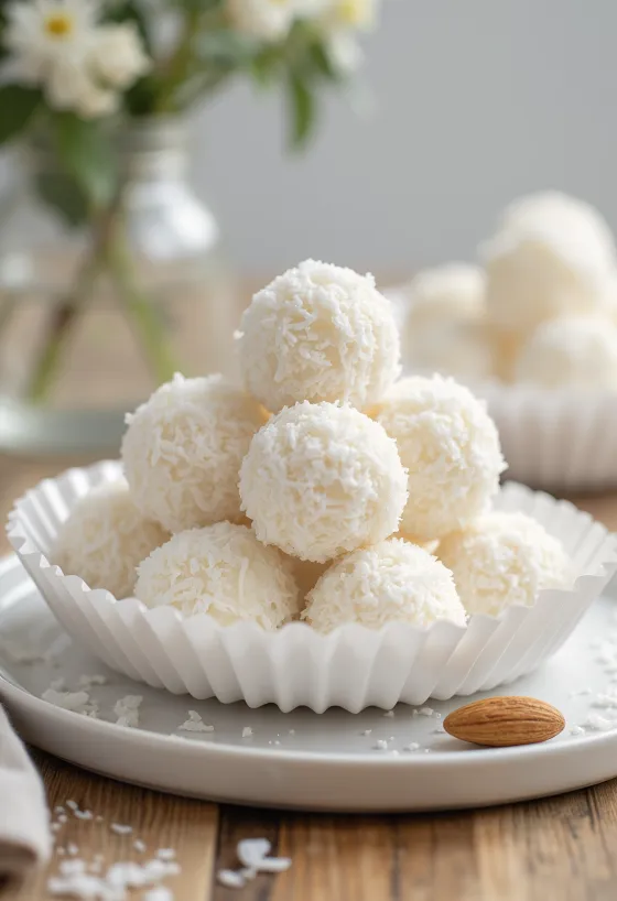 White coconut truffles rolled in desiccated coconut