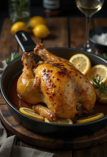 Roast guinea fowl with lemon glaze served with vegetables.