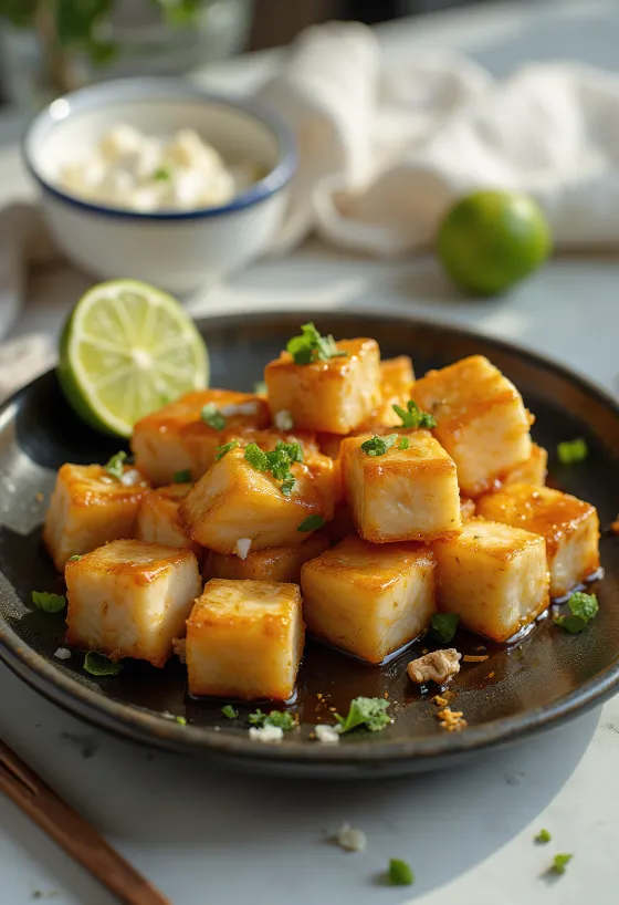 Roasted tofu with lime marinade served