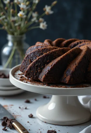 Chocolate Bundt cake with golden brown exterior and chocolate glaze