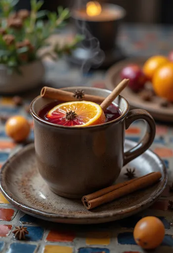 Sweet mulled wine served with orange slice and cinnamon