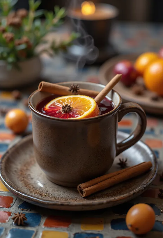 Sweet mulled wine served with orange slice and cinnamon