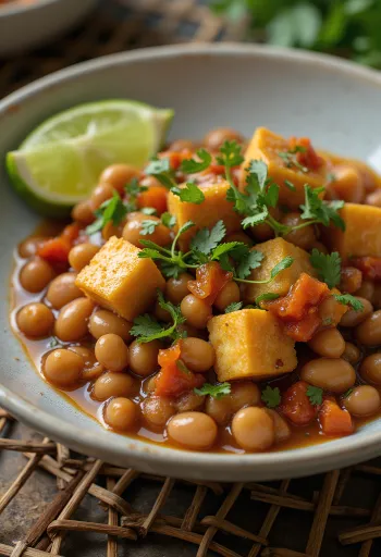 Feijoada with smoked tempeh, served with lime and fresh coriander