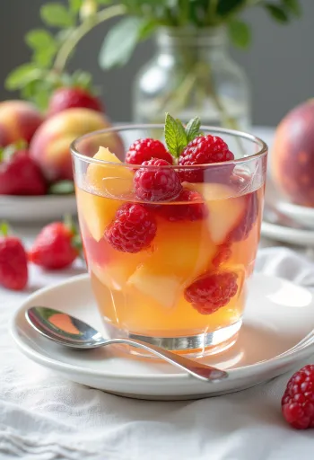 Colourful fruit jelly layered with fresh fruit pieces, served in transparent jelly