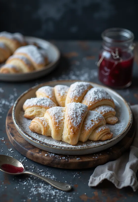 Tray of snow crescents dusted with icing sugar