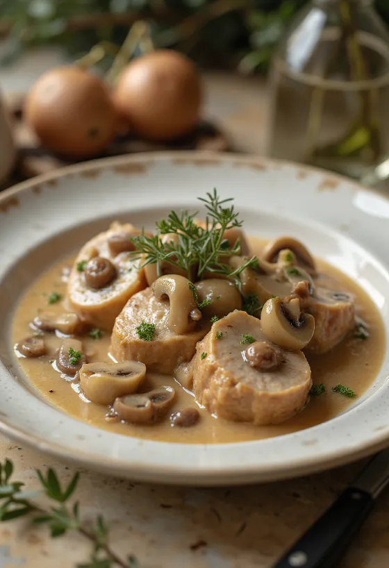 Pork tenderloin in mushroom sauce, served with fresh parsley