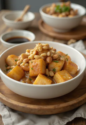 Roasted tofu in peanut marinade served