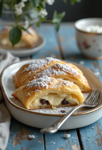 Golden baked curd cheese strudel dusted with icing sugar