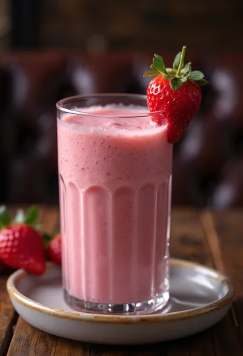 Strawberry smoothie in a tall glass, decorated with fresh strawberry slices