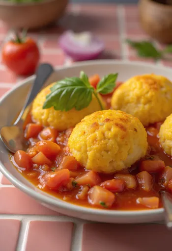 Fungee served with tomato sauce