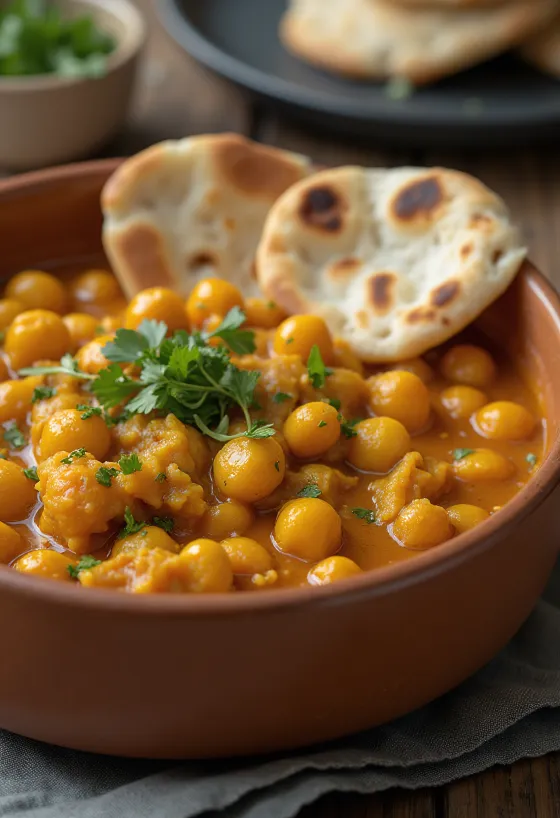 Spicy chickpea curry served with rice and coriander