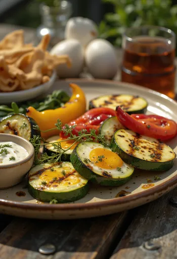 Colourful assortment of grilled vegetables sprinkled with fresh herbs.