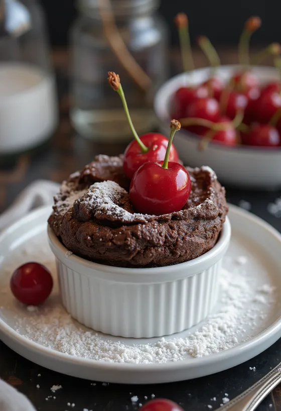Glacé cherry and chocolate soufflé served