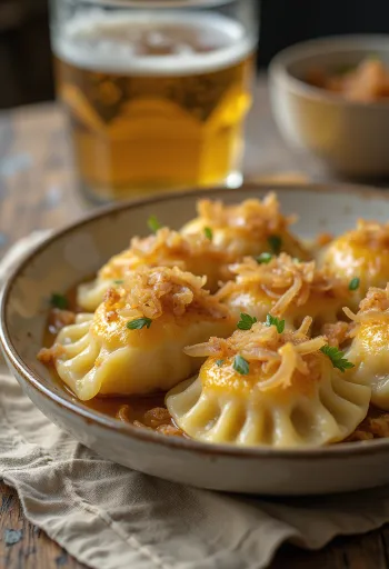 Polish sauerkraut pierogi with soured cream and fried onions