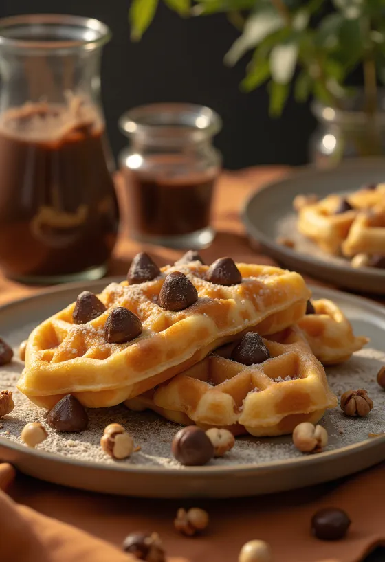 Hazelnut and chocolate chip waffles with melted chocolate and roasted hazelnuts