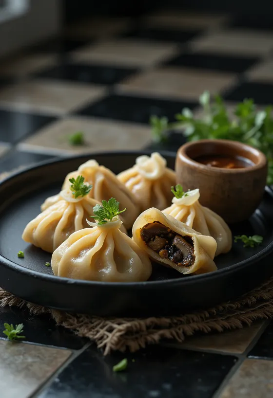 Mushroom filled momos steamed and served