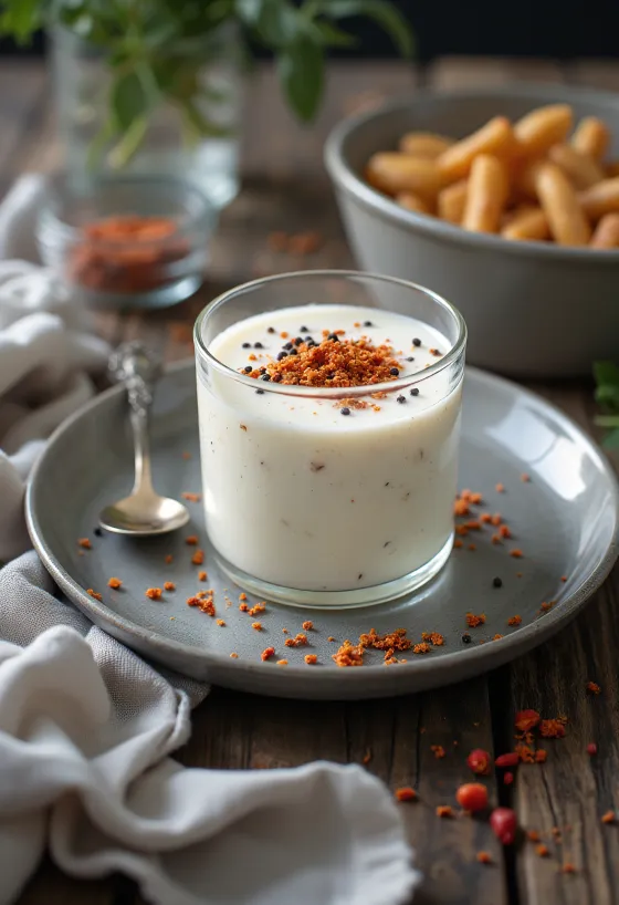 Spicy kefir served in a glass, sprinkled with paprika and pepper on top