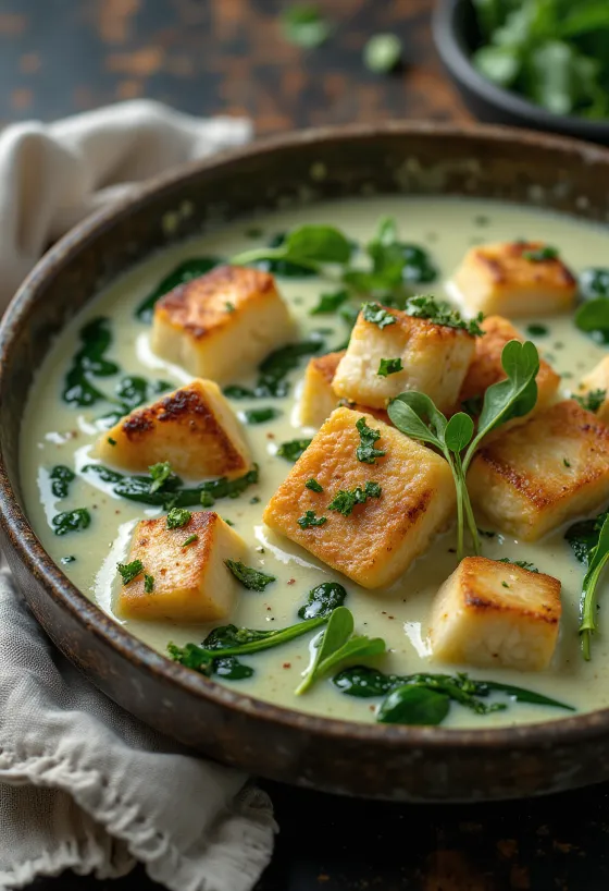 Roasted tofu in spinach sauce served