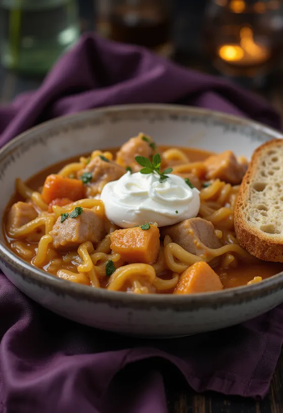 Székely goulash served richly with sour cream, fresh bread and hot chilli.