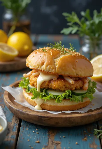 Squid burger served with fresh vegetables