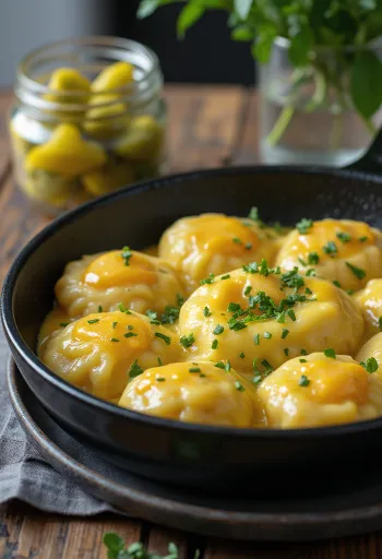Egg dumplings sprinkled with fresh parsley, served with homemade pickles.