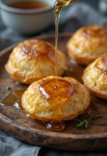 Æbleskiver sweetened with honey, fresh and soft doughnuts served