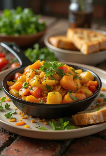 Chakalaka with curry spices, served with rich vegetables and spices, garnished with fresh coriander