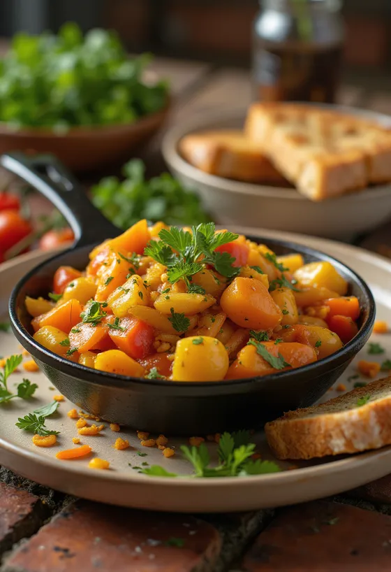 Chakalaka with curry spices, served with rich vegetables and spices, garnished with fresh coriander