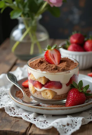 Strawberry tiramisu with layered sponge and mascarpone cream, decorated with fresh strawberries