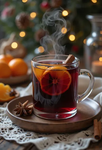 A glass of mulled wine decorated with orange slices and cinnamon.