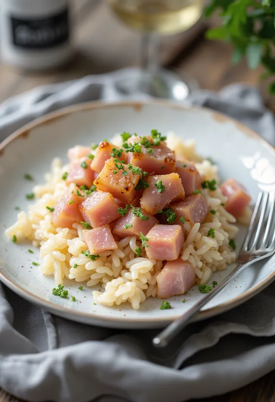 Smoked ham with braised rice served