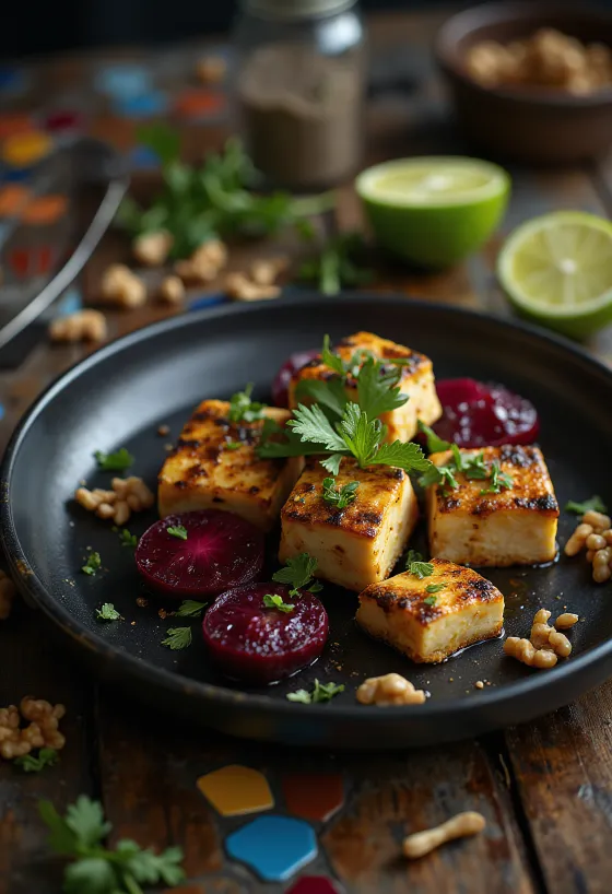 Spicy tofu with lime and beetroot salad