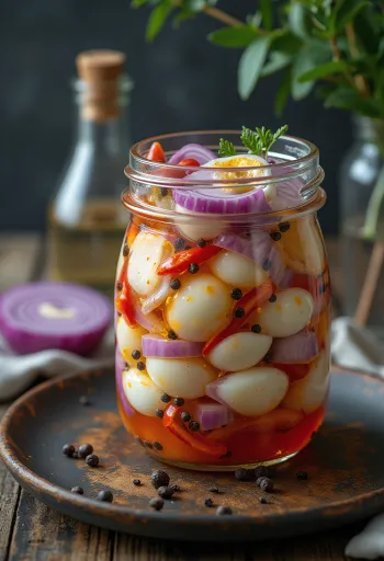 Spicy pickled eggs in a jar