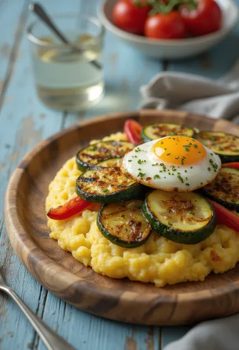 Polenta with grilled vegetables, served on a plate with colourful vegetable slices on top