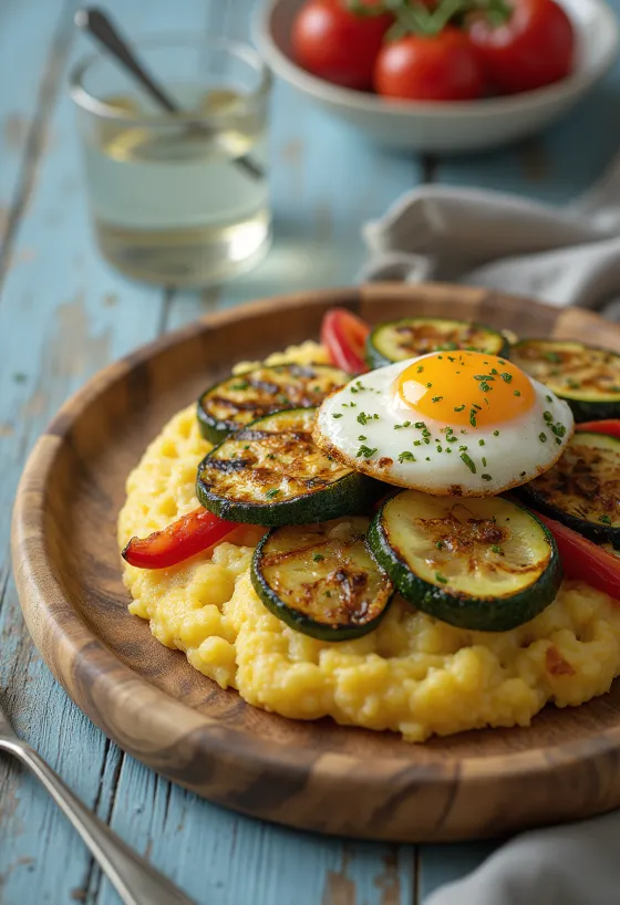 Polenta with grilled vegetables, served on a plate with colourful vegetable slices on top