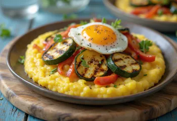 Polenta with grilled vegetables, served on a plate with colourful vegetable slices on top