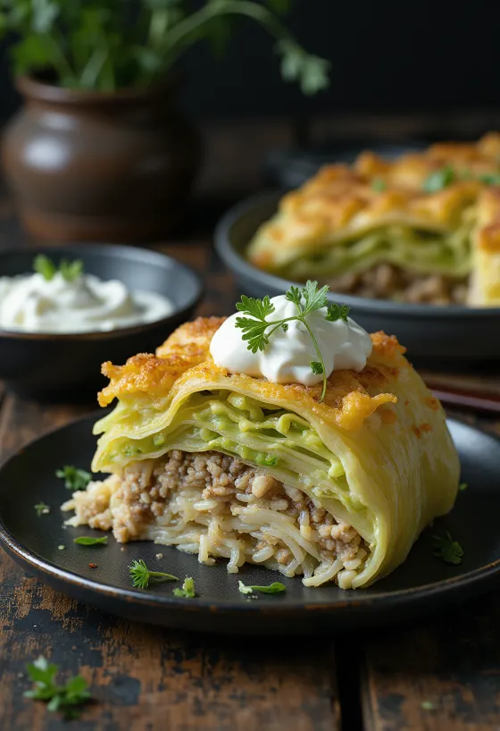 Layered savoy cabbage with minced meat and sour cream cheese, baked golden brown in the oven