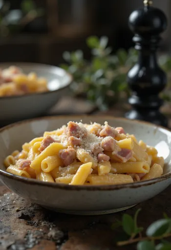 Ham pasta with creamy sauce and grated cheese, served on a white plate.