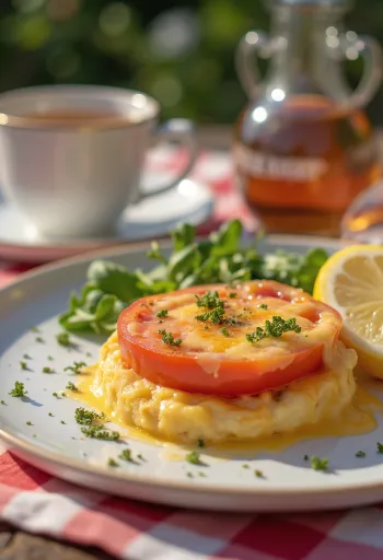 Welsh rarebit with tomato served, in cheese sauce, on toast, with fresh tomato pieces