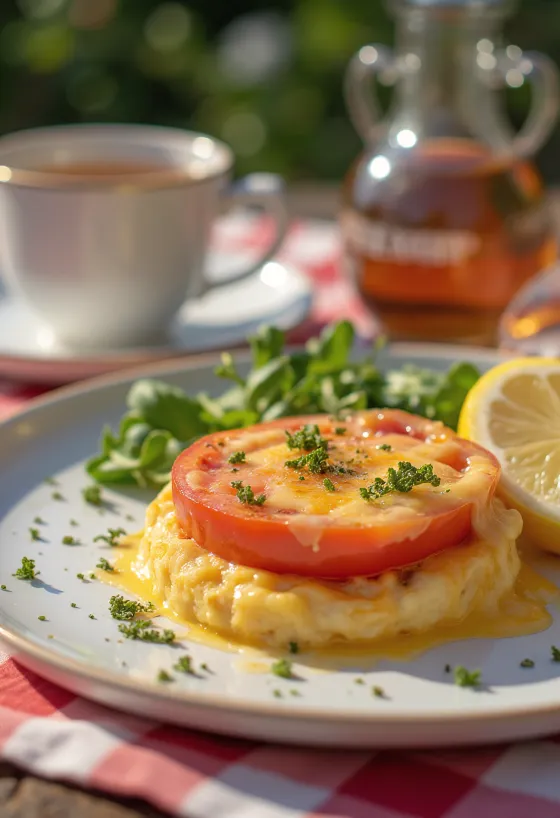 Welsh rarebit with tomato served, in cheese sauce, on toast, with fresh tomato pieces