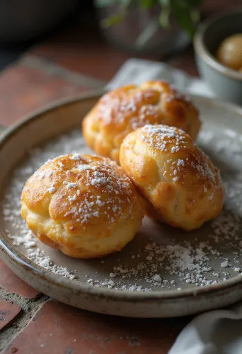 Æbleskiver with cardamom, dusted with icing sugar